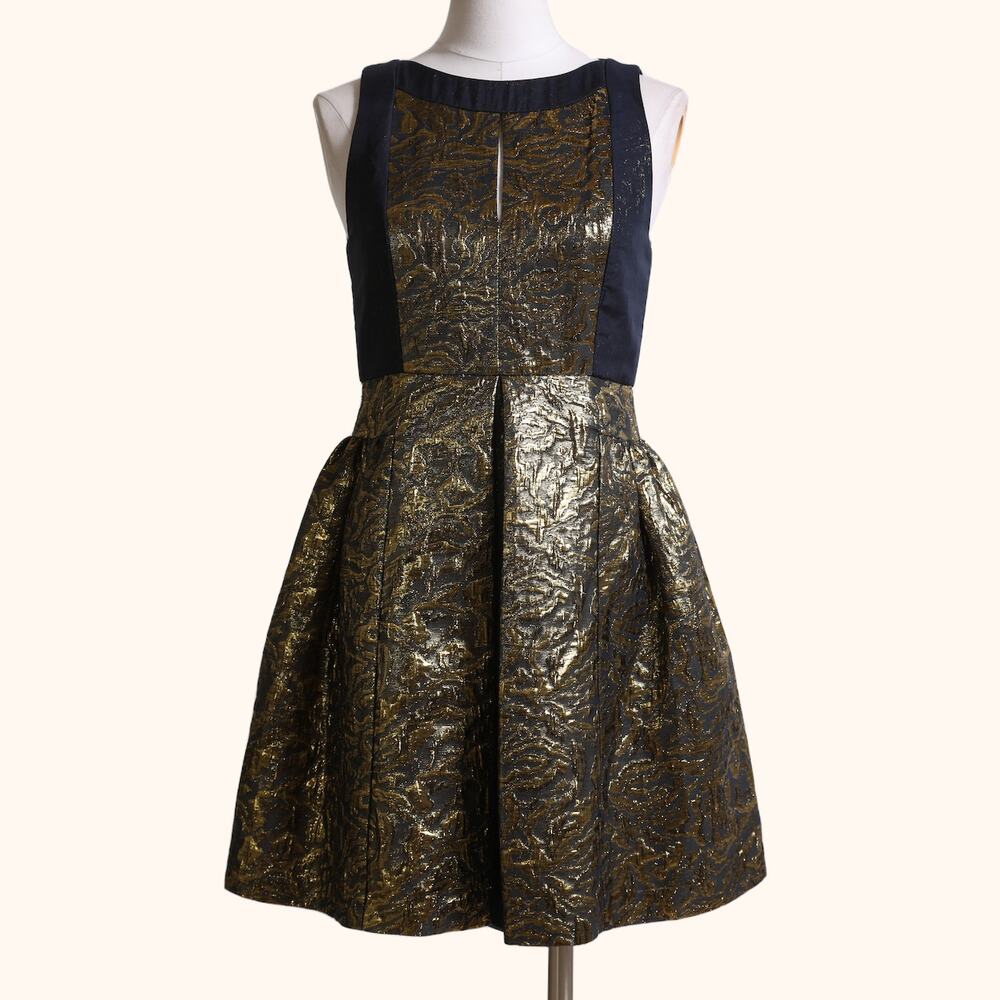 TIBI Metallic Gold and Navy Jacquard Sleeveless Silk Blend Mini Dress w/ Tags